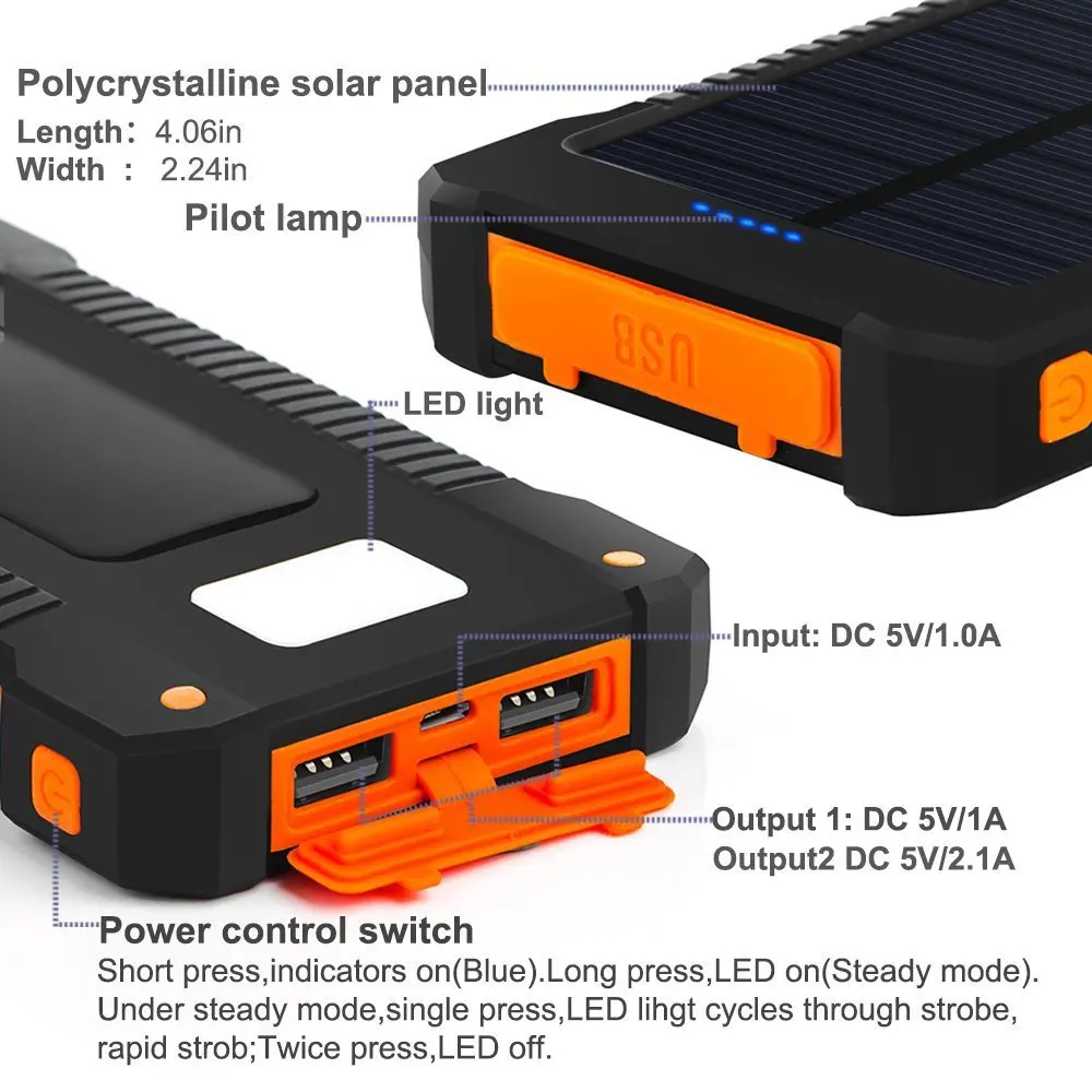 Waterproof 10000mAh Portable Compass Solar Charger Dual USB Battery Power Bank For iPhone for Samsung Smartphone - ANKUX.COM