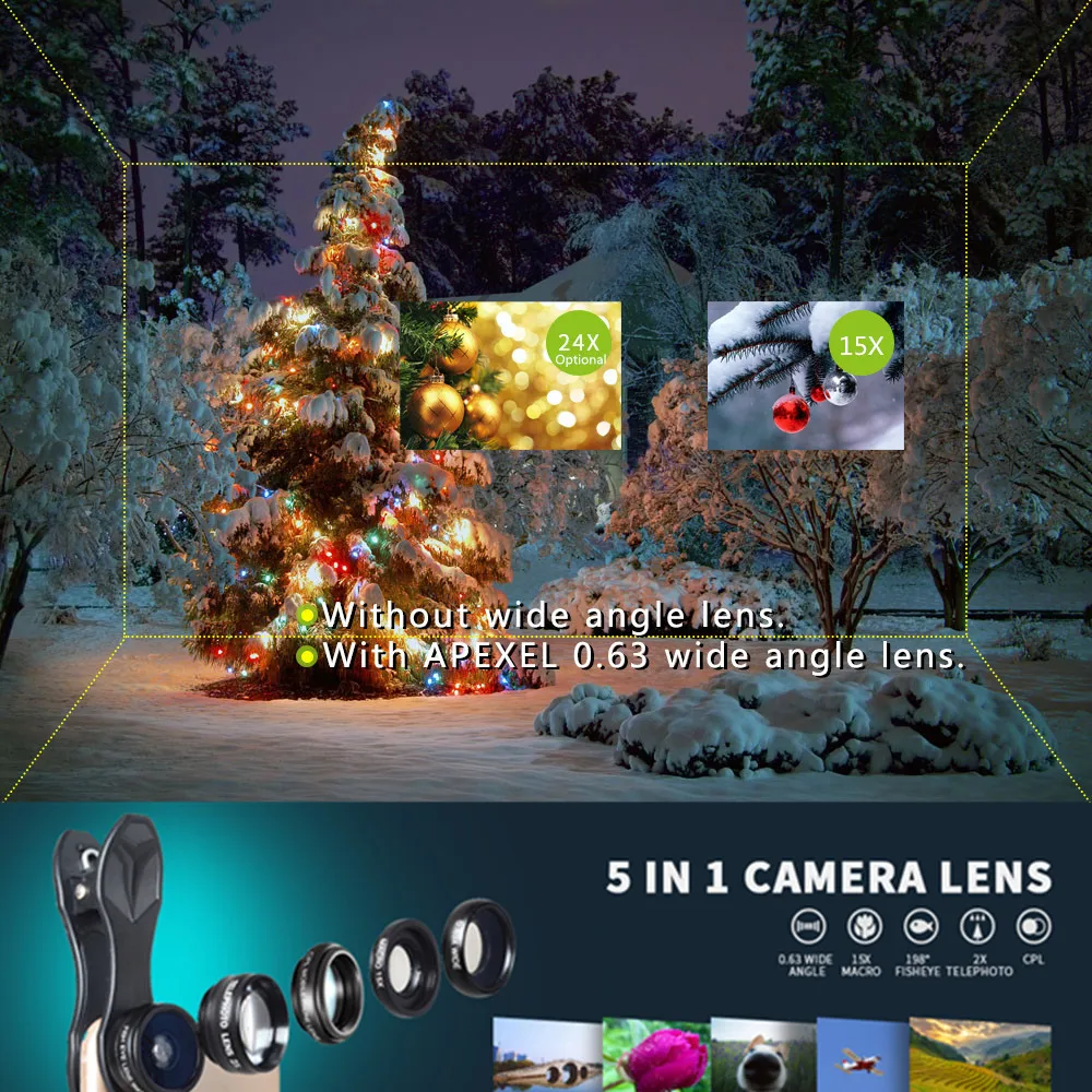 2020 Apexel wholesale DG5 wide angle&Macro, fisheye, telephoto Optical camera Cell Phone lens