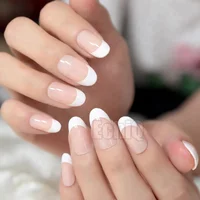 

24 Count Beige Artificial Nails Classical Almond Shape French Nail Sweet Smile Line with Adhesive Glue Sticker