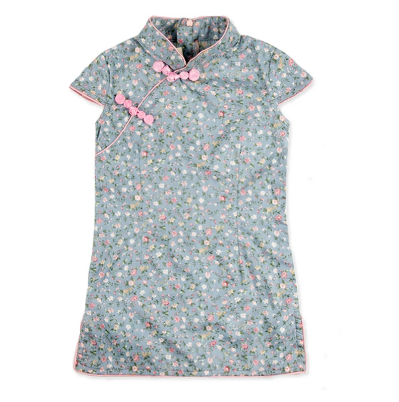 2015 New hot vintage Chinese style cotton girl children cheongsam dress with short sleeve floral baby clothing for summer