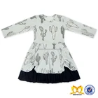 2016 New Fashion Milk Silk Baby Girl Dress Long Sleeve Cactus Pattern Grey Kids Skirt Latest Children Dress Designs