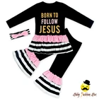 Fall Children Boutique Outfits Long Sleeve Ruffle Top Matching Strip Icing Pants With Headband Baby Girl 3Pcs Clothing set