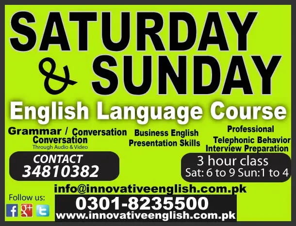 saturday and sunday english language learning course in karachi.