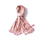 2019 New arrival Solid colors cashmere long scarf warm warp shawl with fur pompom fringe