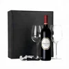 Amazon hot selling Black Leather Box Contains Corkscrew gift set with 2 Red Wine Glasses