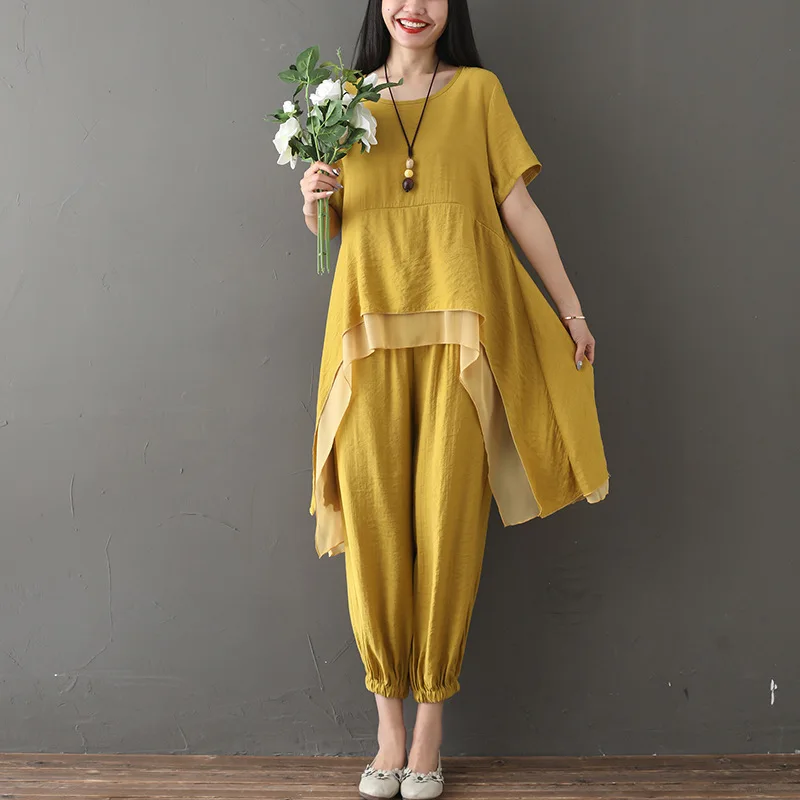 M-XXL Loose Irregular top and trousers set cotton linen two piece clothing women casual summer wear pants set F1101
M-XXL Loose Irregular top and trousers set cotton linen two piece clothing women casual summer wear pants set F1101