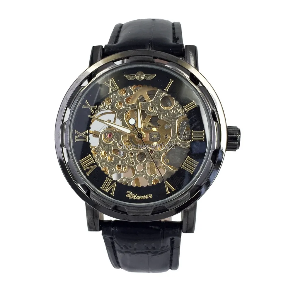 Winner Men's Black Case Skeleton Dial Hand-Wind Mechanical Stainless Steel Leather Band Wrist Watch | WINK0022