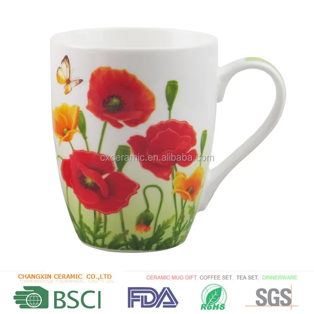 flower red poppy and butterfly vintage coffee mug cup floral