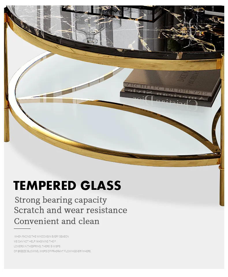 Luxury Modern Round  Stainless Steel Base Golden Color Tempering Marble Top Coffee Table for Living Room