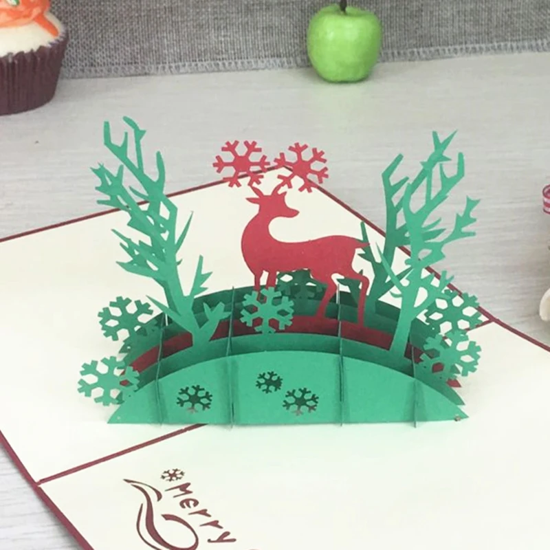1pcs Christmas Deer Laser Cut 3D Handmade Pop Up Greeting Cards Postcard Kirigami Thanksgiving Day Christmas Birthday Gifts (2)