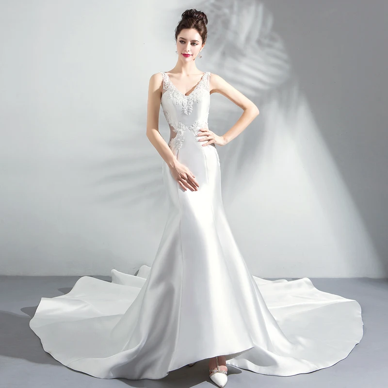 Hot France Imported Satin Aristocratic Pearl White Deep V-neck Fishtail Bridal Gown Zipper back Mermaid Wedding dress, White wedding dress
Hot France Imported Satin Aristocratic Pearl White Deep V-neck Fishtail Bridal Gown Zipper back Mermaid Wedding dress, White wedding dress