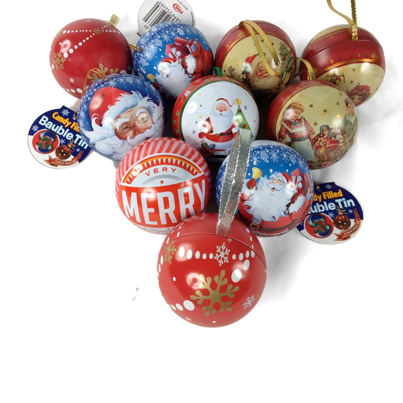 decorative metal christmas tin ball with ribbon