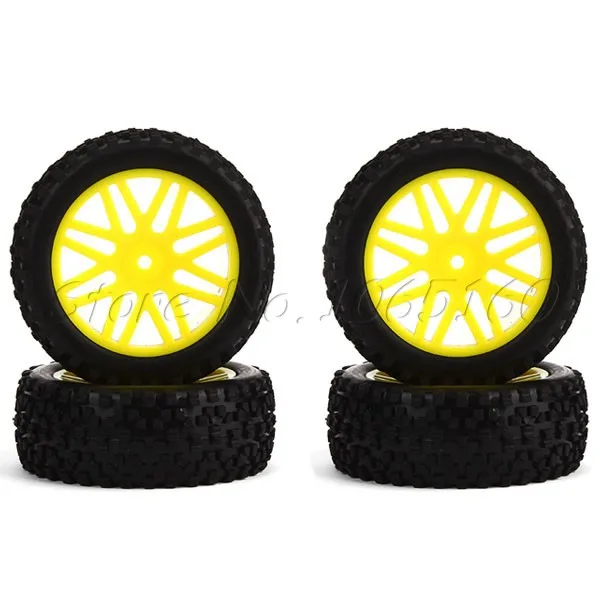 4 x RC 1:10 Off-Road Front Rear Yellow Mesh Shape Wheel Rim Rubber Tires