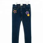 Royal wolf denim jeans manufacturer dark blue denim flowers patches kids girls skinny jeans children's clothes