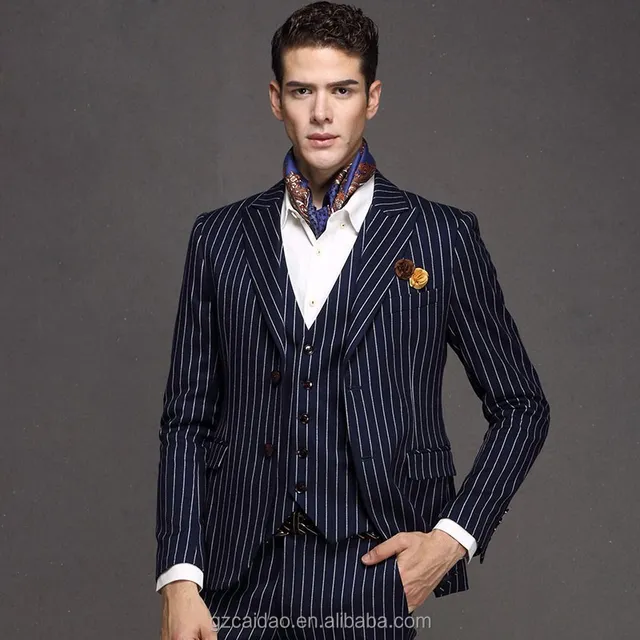 suit supplier dark blue 3 piece men stripe suit model skinny fit