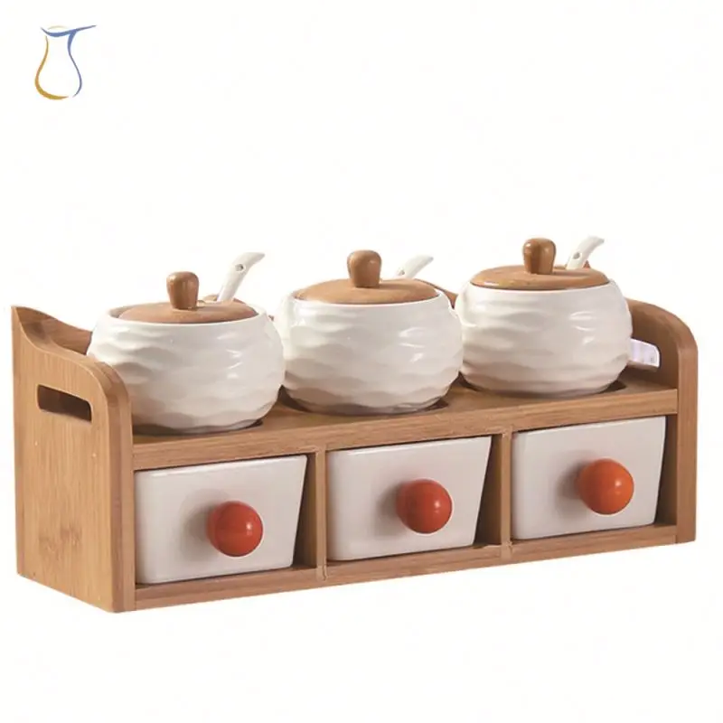 Kitchen Condiment Accessories ceramic multi-chamber spice jar with wooden lid and stand
Kitchen Condiment Accessories ceramic multi-chamber spice jar with wooden lid and stand