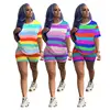 MTY6198 Summer's latest women's fashion rainbow striped short-sleeved T-shirt two-piece set