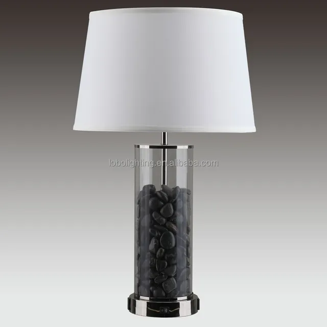 UL listed hotel bedside glass with black stones table lamp with Dual electrical outlets