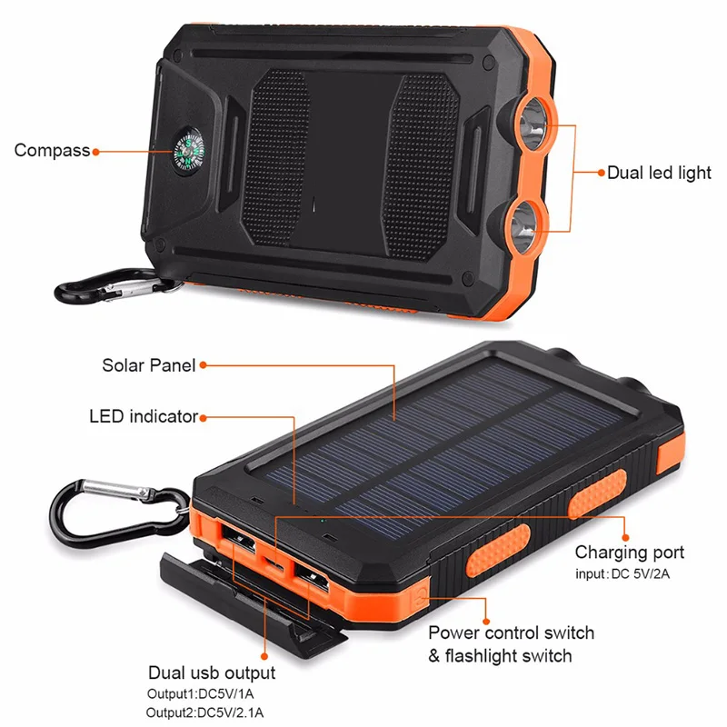 Strong waterproof solar mobile power 20000mah compass mobile phone solar power bank - ANKUX.COM