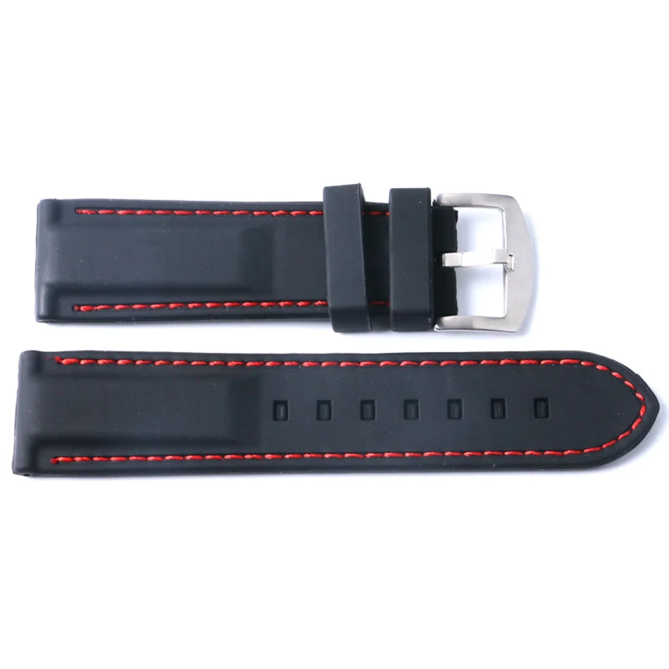 22MM 24MM Watchband Military Bracelet Ourdoor Red Line Stitching Sport Rubber Black Silicone Soft Waterproof Watch Strap Band  (4)