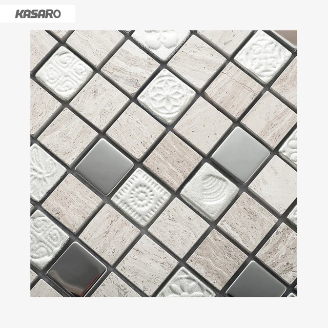 Modern Design Mosaic White Wood Grain Glass Metal Peel Stick Tile
