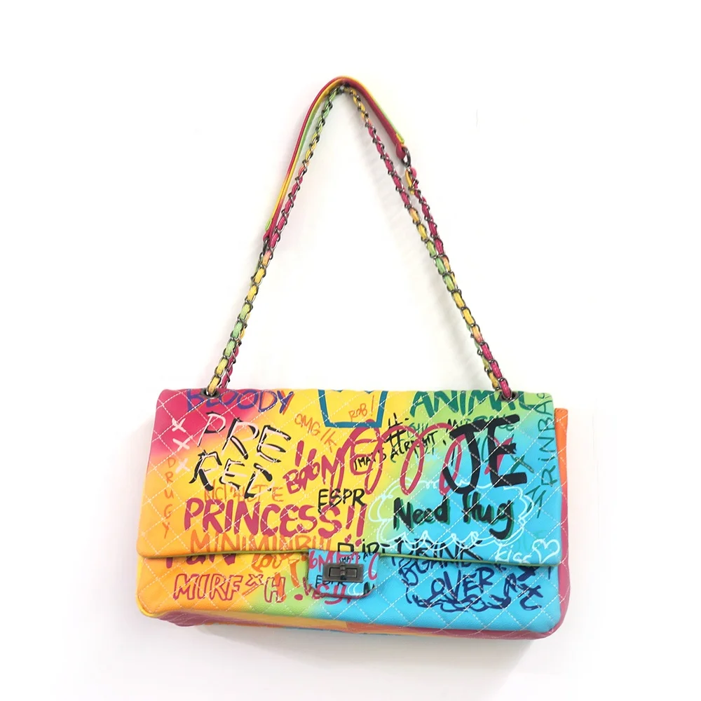 Manufacturers trendy large size colorful graffiti shopping bag lattice chains shoulder crossbody bag leather handbags ladies, Rainbow pink or other graffiti
Manufacturers trendy large size colorful graffiti shopping bag lattice chains shoulder crossbody bag leather handbags ladies, Rainbow pink or other graffiti