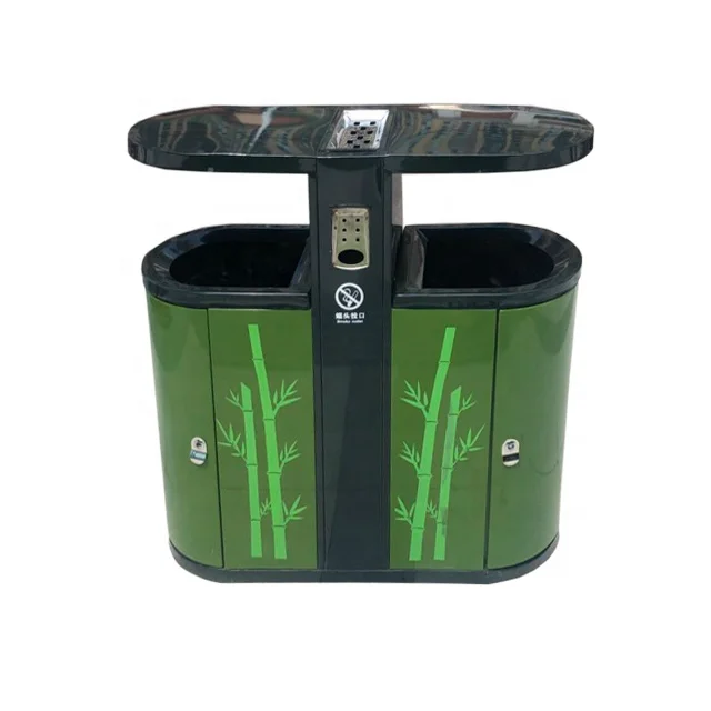 Green Double Dustbin 2 Compartments Waste Bin For Zoo Garden