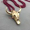 NM4316 Fashionable Chic Gold Plated Tibetan Style Ox Head Pendant Necklace Resin Charm Red Jade Stone Beaded Necklace