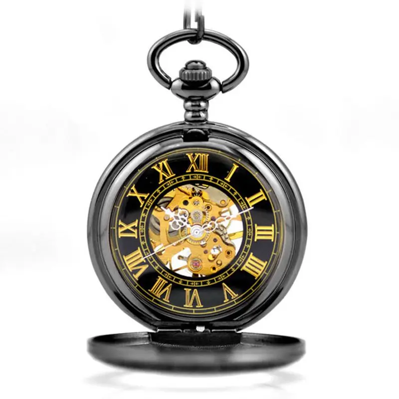 

Black Steampunk Skeleton Mechanical Pocket Watch Men Antique Luxury Brand Necklace Pocket & Fob Watches Chain Male Clock, 1color