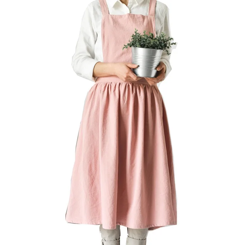 Japanese Style Pink Cotton Linen Aprons for Women 
Japanese Style Pink Cotton Linen Aprons for Women