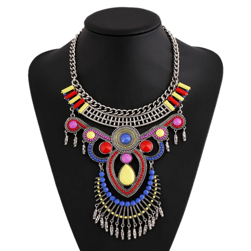 Vintage tassel pendants necklaces with turquoise stone for women bohemian retro silver long necklaces collier