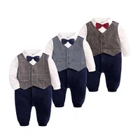 

2019 Baby Boys Formal Dress Gentleman Bodysuit Long Sleeve Bow tie Newborn Baby Romper 0-24 month