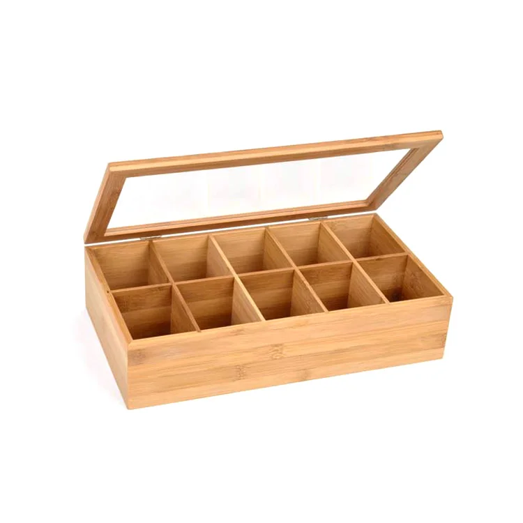 best gift bamboo wooden tea bag 10 compartment caddy box with
