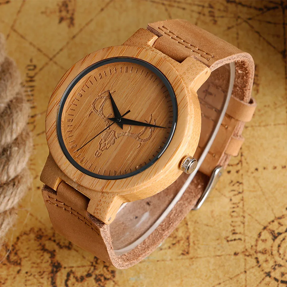 High Fashion Bamboo Natural Wood Watches Deer Moose Head Brown Standard Men Dress Watch Analog Round Clock Gift 2017 (8)