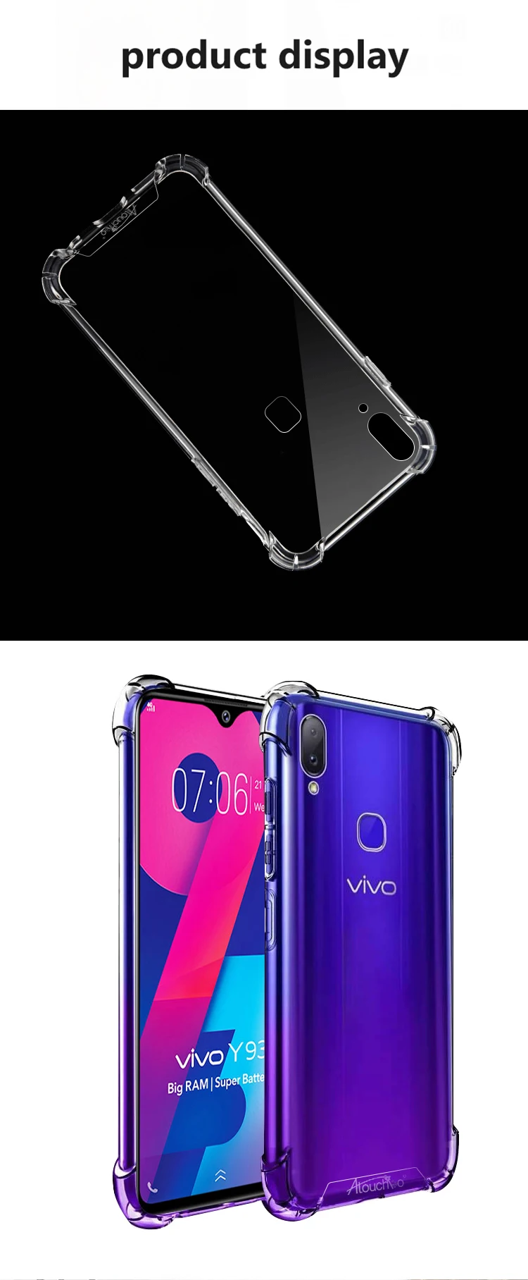 Transparent PC TPU phone case back cover for Vivo Y93 phone case