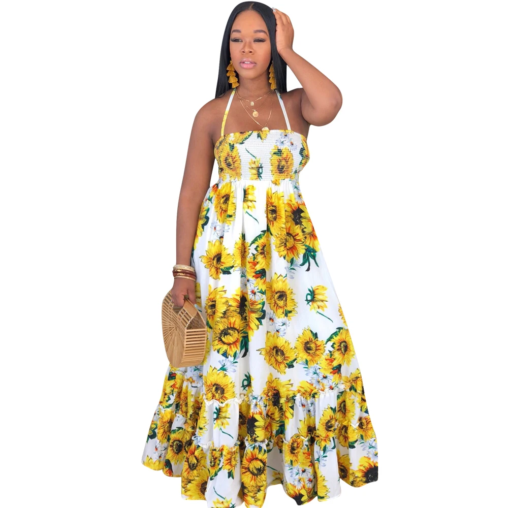 

Women summer floral printed spaghetti strap sleeveless cami hagh waist long maxi dress