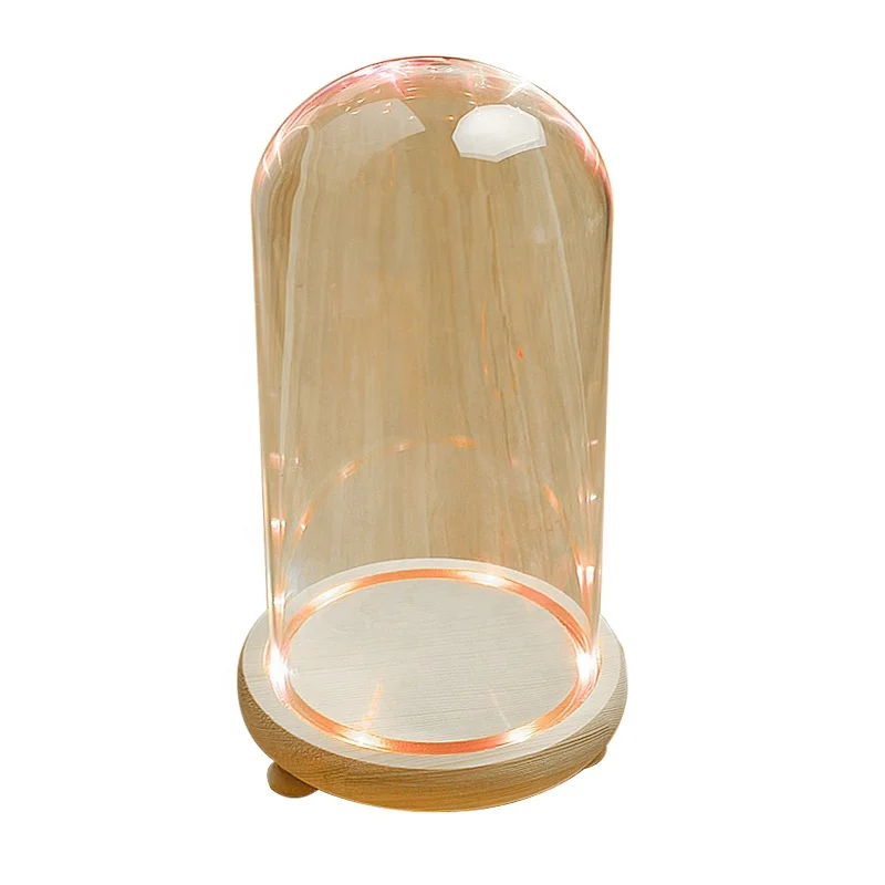 En gros batterie alimenté à la main clair décoratif mini LED cloche bocal en verre avec base en bois