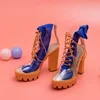 Lady Neon Color Lace Up Platform Block Heels Faux Leather Clear Transparent Ankle Boots