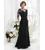 Unique Lace Chiffon V-neck Floor-length A-line Mother Of The Bride Dress Long Sleeve Black Mother Evening Party Dresses