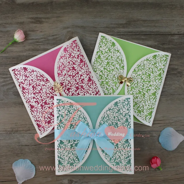 laser cut vintage flower wedding invitations cards with ribbon