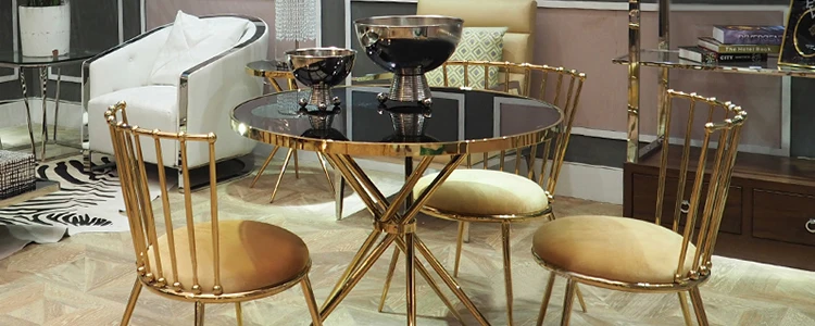 Modern gold glass top stainless steel round dining table