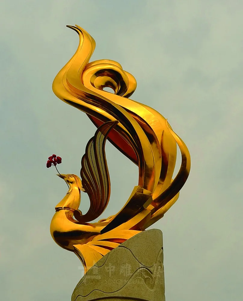 golden phoenix lacquer surface treatment, stainless steel factory sculpture