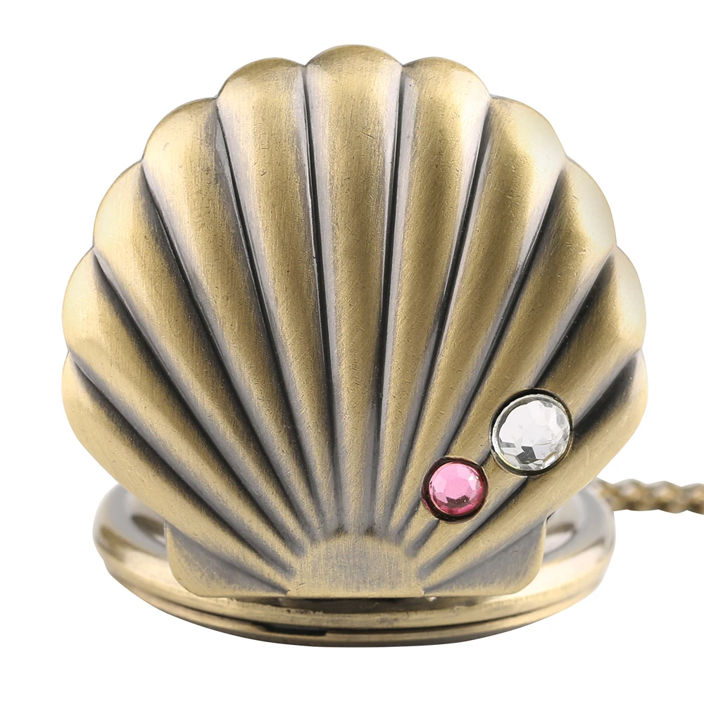 Mermaid Shell Pocket Watch Unique Glossy Metal Scallop Case Pendant Necklace Delicate Ladies Clock Beautiful Gifts for Girl Xmas (4)