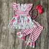 baby girls Summer clothing girls floral lace ruffle outfits children stripe capri with floral ruffle clothes with accessories