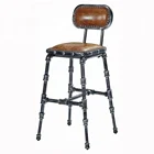 2017 Vintage Genuine Leather and Metal Water Pipe Frame Bar Stool
