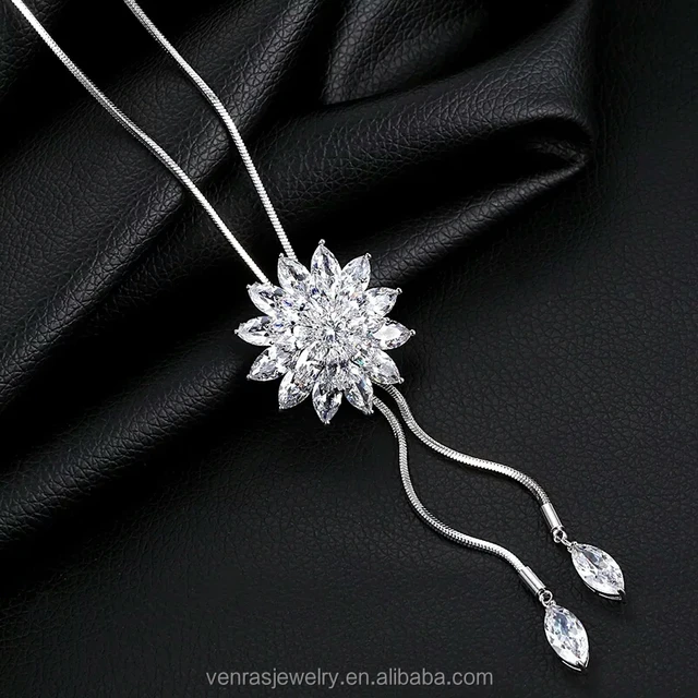 luxury crystal snowflake long necklace chain women white gold