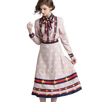 

Europe and America Women Fashion Turn Down Collar Bow Knot Tie Neck Button Shirt High Waist Tape Printed Dress Twinset