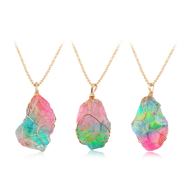 Obeon Natural irregularity Rainbow Stone Natural Crystal Rock Necklace  Golden Chain Plated Quartz Pendant Unique Jewelry Gift (1PC) Multicolor