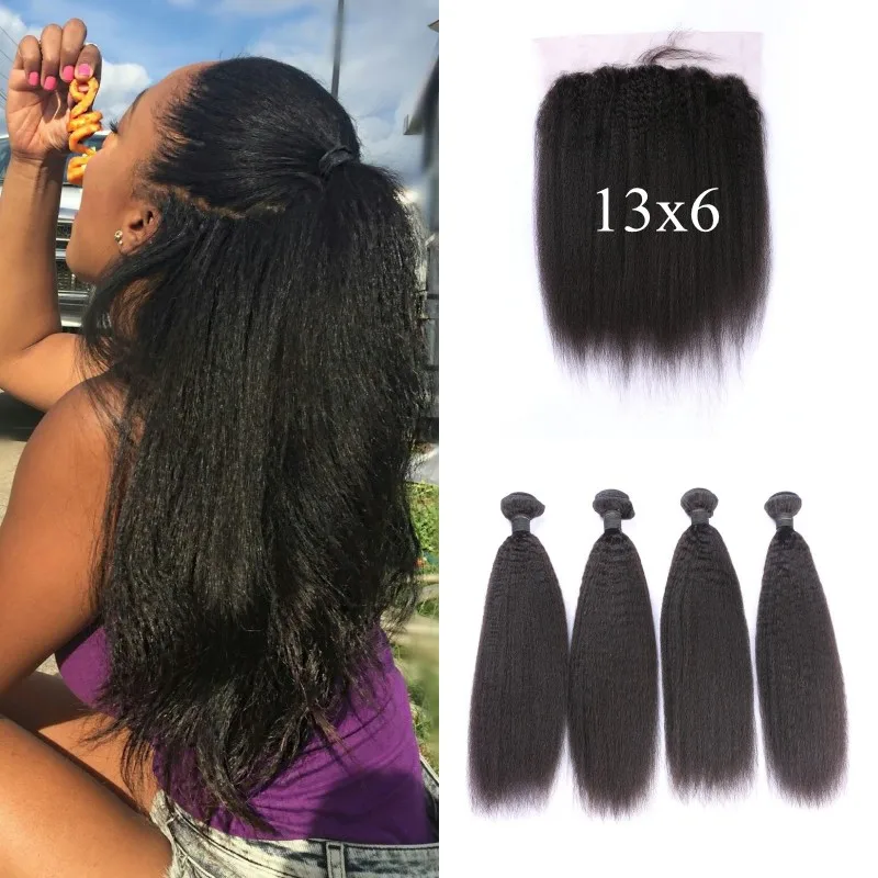 

Unprocessed Human Hair Extensions Virgin 13x6 Kinky Straight Full Frontal Lace Closure With Bundles, Natural #1b 2 4 6 613 blonde ombre jet black remy with baby hair bangs