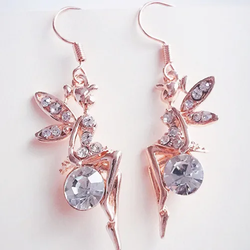 New design fairy white ball crystal earrings Angel wing rhinestone drop earrings lovely cute women angel earring jewelry